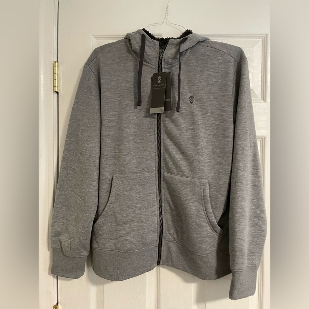 Free Country Sherpa Fleece Bonded Hoodie Men’s Medium Gray Zip Up Jacket NWT